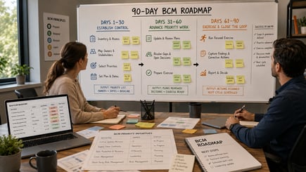 BCM leader reviewing a 90-day roadmap for establishing control, advancing priority plans, and exercising recovery procedures.