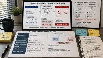BIA supplier dependency analysis comparing a 24-hour process recovery target with a 48-hour supplier restoration commitment and documenting the recovery gap.