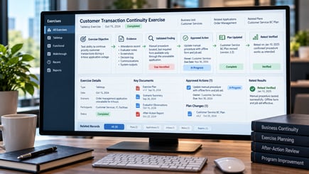 BCM software exercise record connecting objectives and evidence to a validated finding, approved action, plan update, and verified retest result.