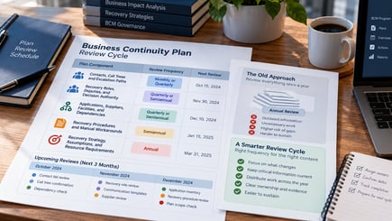 Business continuity plan review cycle showing different plan components assigned monthly, quarterly, semiannual, and annual review frequencies.