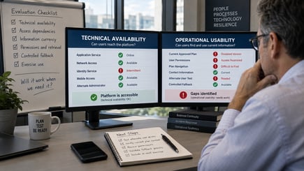 Business continuity software evaluation comparing technical availability with operational usability, including access, permissions, current plans, and fallback readiness.