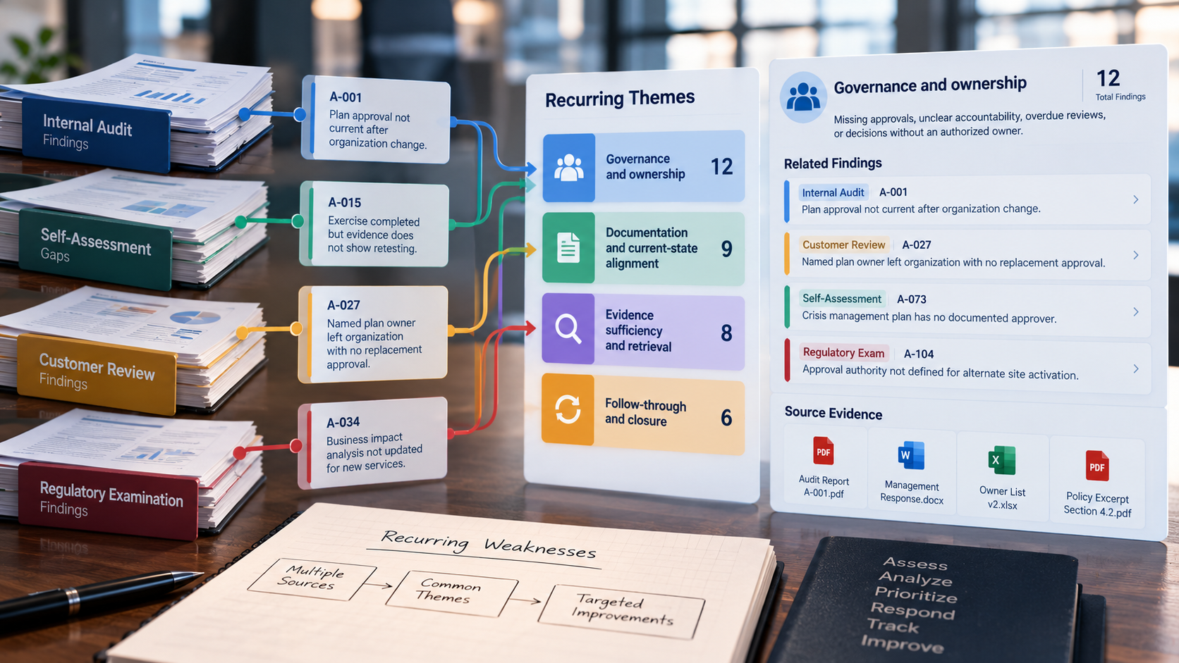 BCM audit and assessment findings from multiple sources grouped into recurring themes, with original records and supporting evidence linked for analysis and reporting.