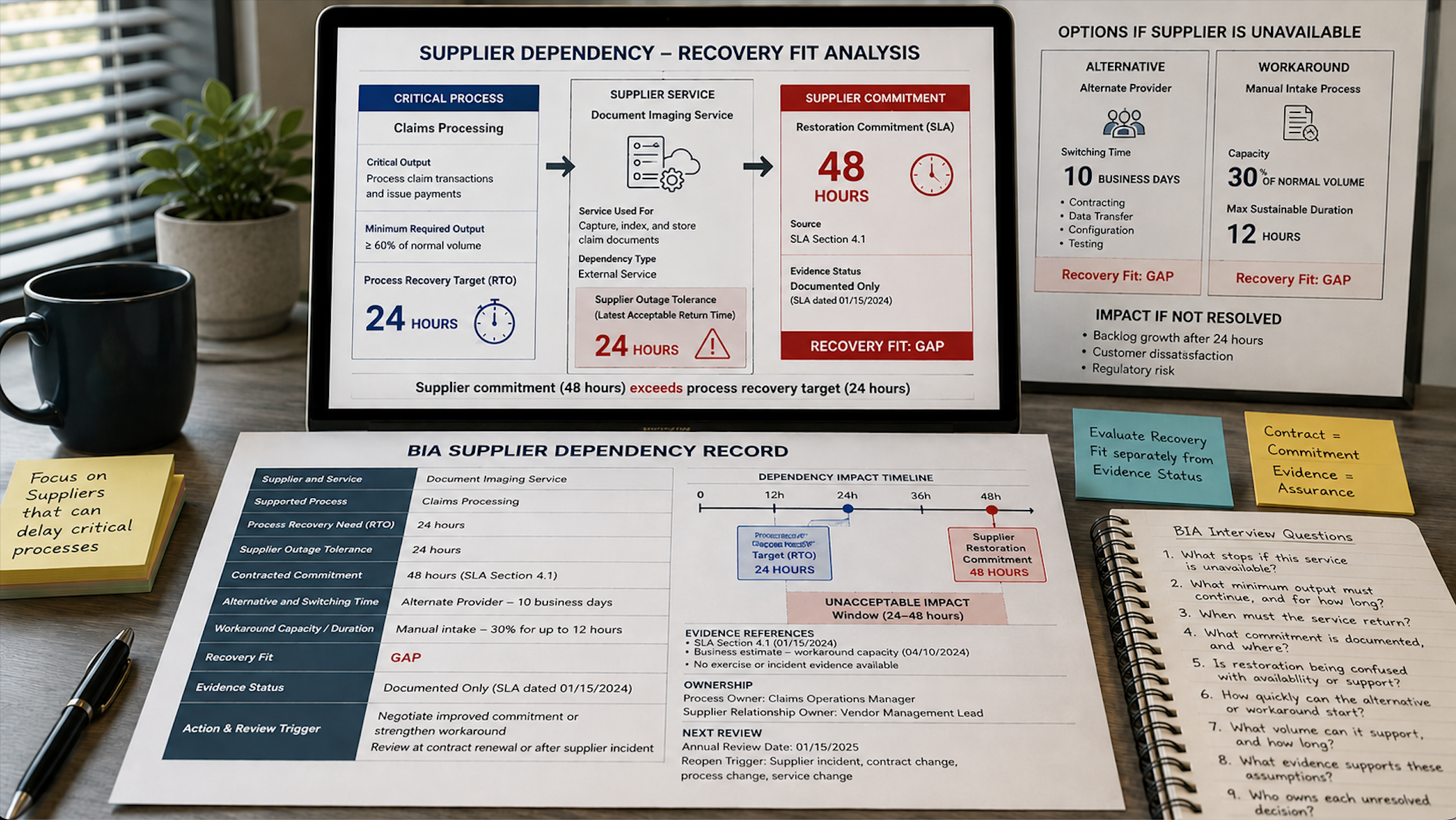 BIA supplier dependency analysis comparing a 24-hour process recovery target with a 48-hour supplier restoration commitment and documenting the recovery gap.