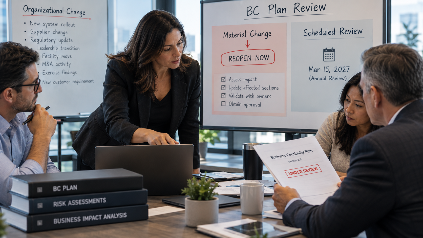 BC team reopens a business continuity plan after a material organizational change, rather than waiting for the scheduled annual review.
