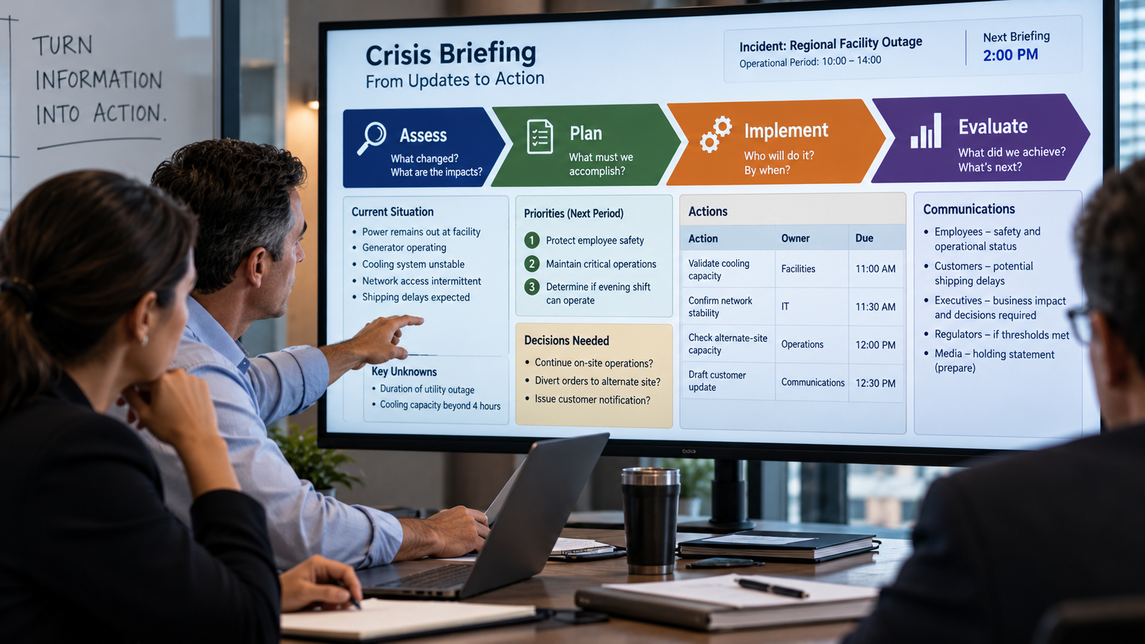 Crisis management team using the APIE decision cycle to turn incident updates into priorities, decisions, assigned actions, deadlines, and communications.