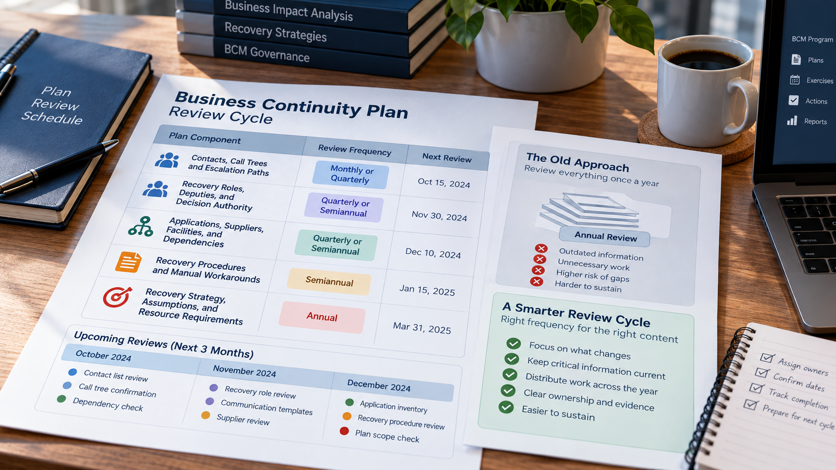 Business continuity plan review cycle showing different plan components assigned monthly, quarterly, semiannual, and annual review frequencies.