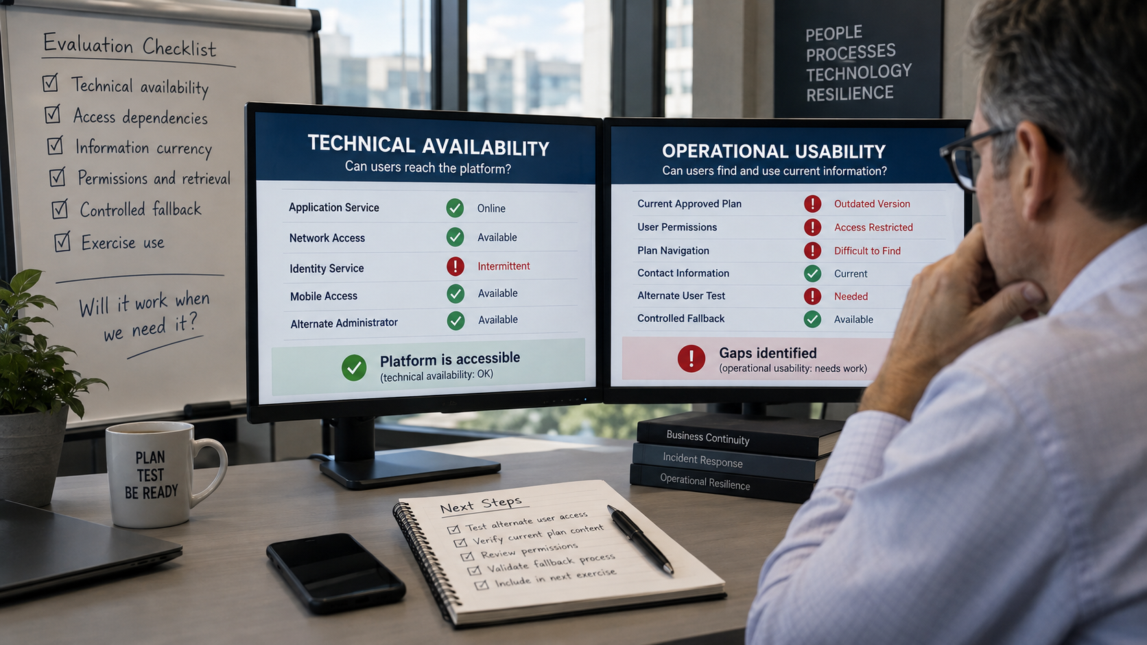 Business continuity software evaluation comparing technical availability with operational usability, including access, permissions, current plans, and fallback readiness.